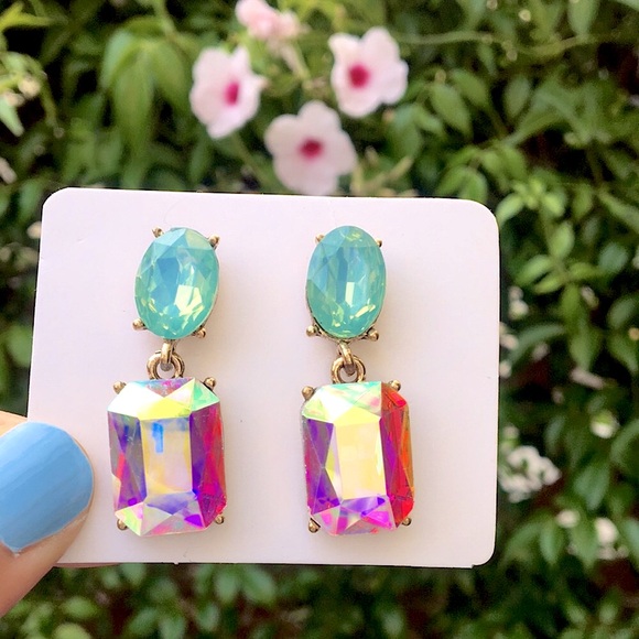 Jewelry - Pacific Green Opal + Aurora Borealis Iridescent Crystal Drop Earrings